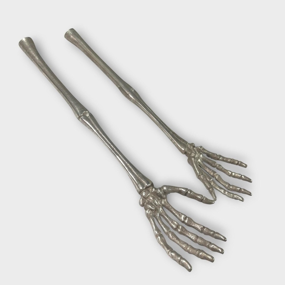 Vtg Skeleton Hand Salad Servers Cast Metal Gothic Halloween Oddity Flatware Pair